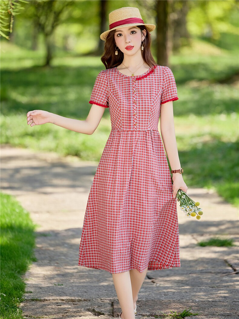 淑女风格纹连衣裙女春夏收腰显瘦中长裙格子裙子,女装连衣裙,水衣源