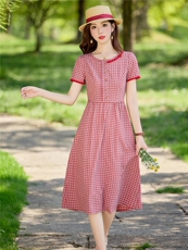 淑女风格纹连衣裙女春夏收腰显瘦中长裙格子裙子，女装连衣裙，水衣源