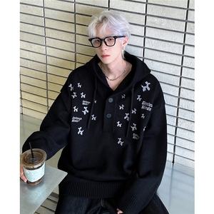 美式复古刺绣绣花连帽针织衫男女秋冬季宽松休闲套头毛衣2209-P68图片