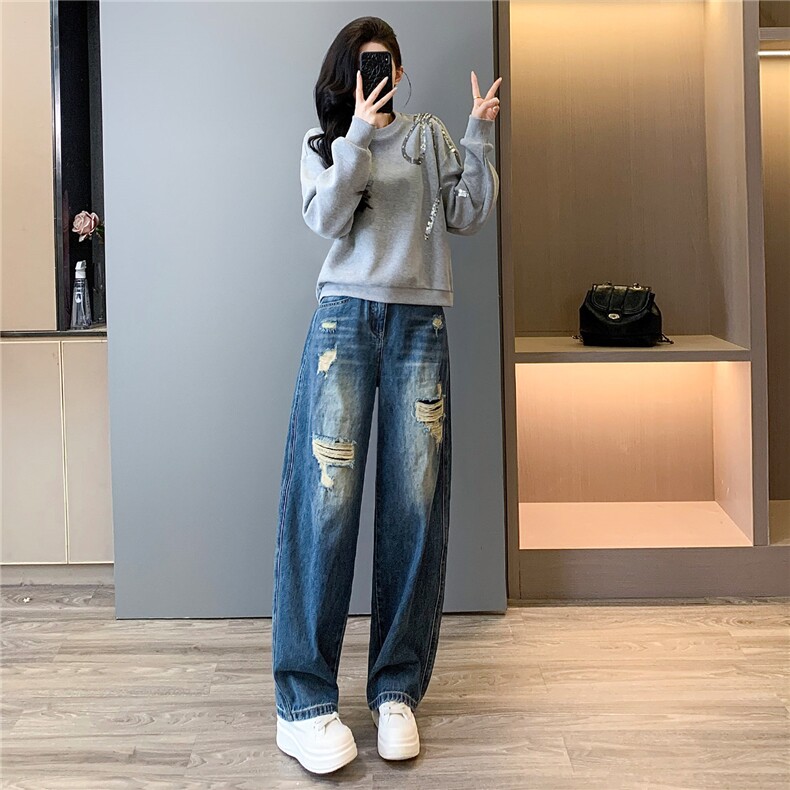 高级感时尚潮流套装女春新款修身显瘦圆领刺绣上衣牛仔长裤两件套,女装套装/套裙,2C310