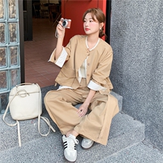 条纹拼接假两件外套直筒裤两件套2025秋季新款韩系卡其色淡人套装，女装套装/套裙，2C201