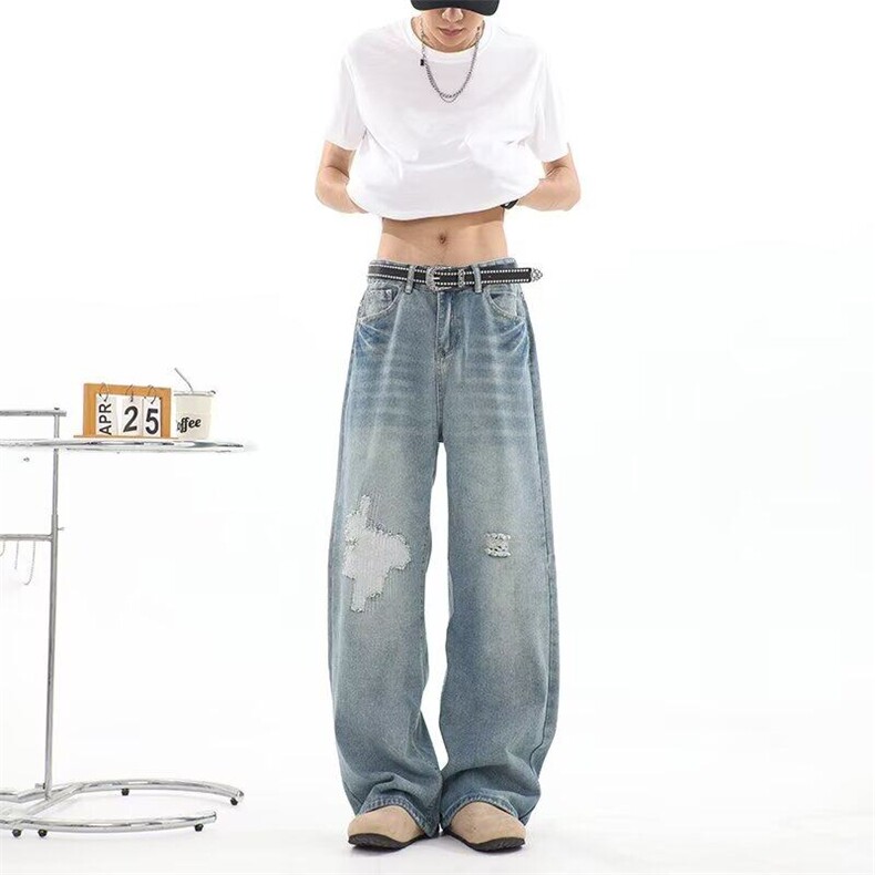 破洞牛仔裤男女韩版潮流高街帅气百搭2025夏季ins长裤RK2774-P49,男装牛仔裤,星座412-2