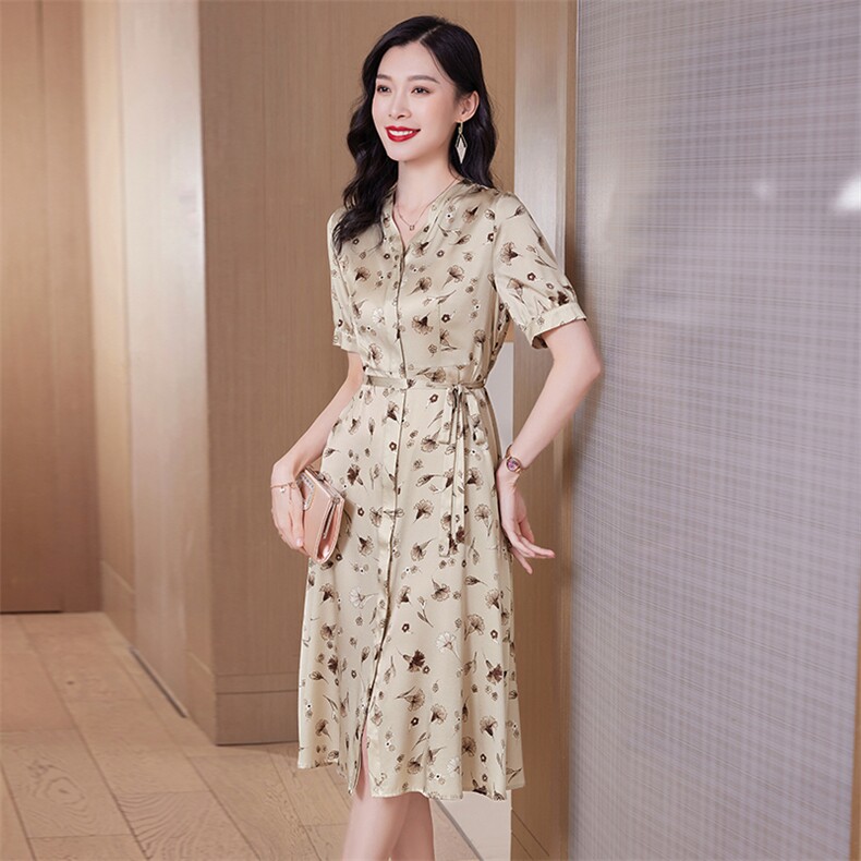 2026新款连衣裙真丝真丝正品短袖韩版中长裙女裙淑女风23010，女装连衣裙，阿舍尔精品