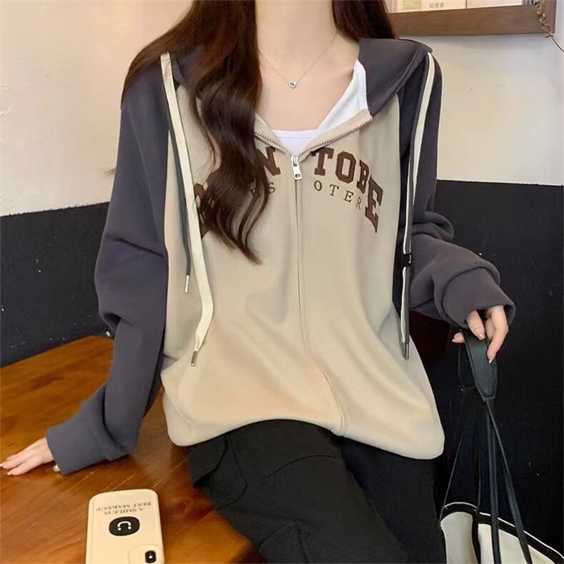 刺绣拉链连帽卫衣外套女春秋美式重磅宽松oversize情侣装开衫上衣,女装卫衣/绒衫,多米女装批发