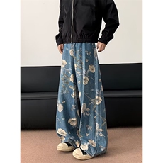 秋季复古花卉牛仔裤男女美式高街设计感宽松阔腿拖地裤7089/P50，男装牛仔裤，星座506