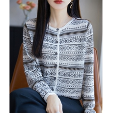 春夏复古拼色桑蚕丝亚麻针织开衫女圆领长袖外套毛衣宽松休闲上衣，女装针织衫/毛衣，大美人高端店