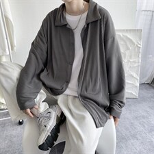 21秋装 港风情侣褶皱纯色宽松长袖衬衫韩版男女情侣外套 H208/P55图片