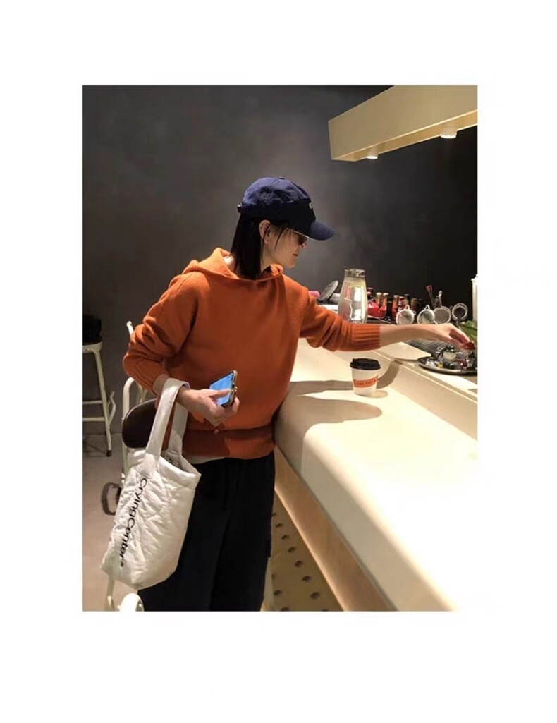 秋季新款舒适显瘦时尚百搭南瓜橘连帽衫长袖,女装羊毛衫,恒恩羊绒