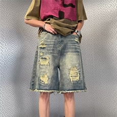 牛仔短裤男夏季美式水洗毛边破洞短裤直筒五分裤1001-1-D610-P39，男装牛仔裤，星座1001-1