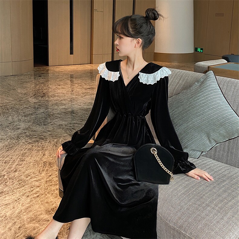 法式初恋心机小黑裙赫本风长裙子复古仙礼服金丝绒连衣裙,女装连衣裙,潮品会