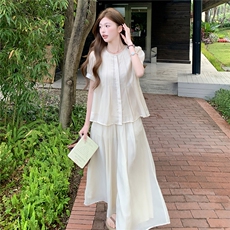 温柔风短袖上衣阔腿裤套装女夏新款松弛感宽松显瘦两件套，女装套装/套裙，水衣源