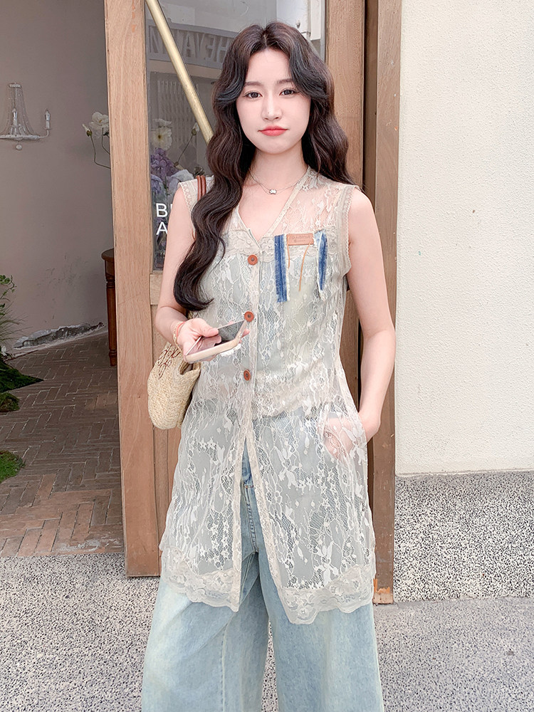 又a又飒蕾丝马甲七分牛仔阔腿裤套装女2025夏季新款小个子两件套,女装套装/套裙,浙宝305