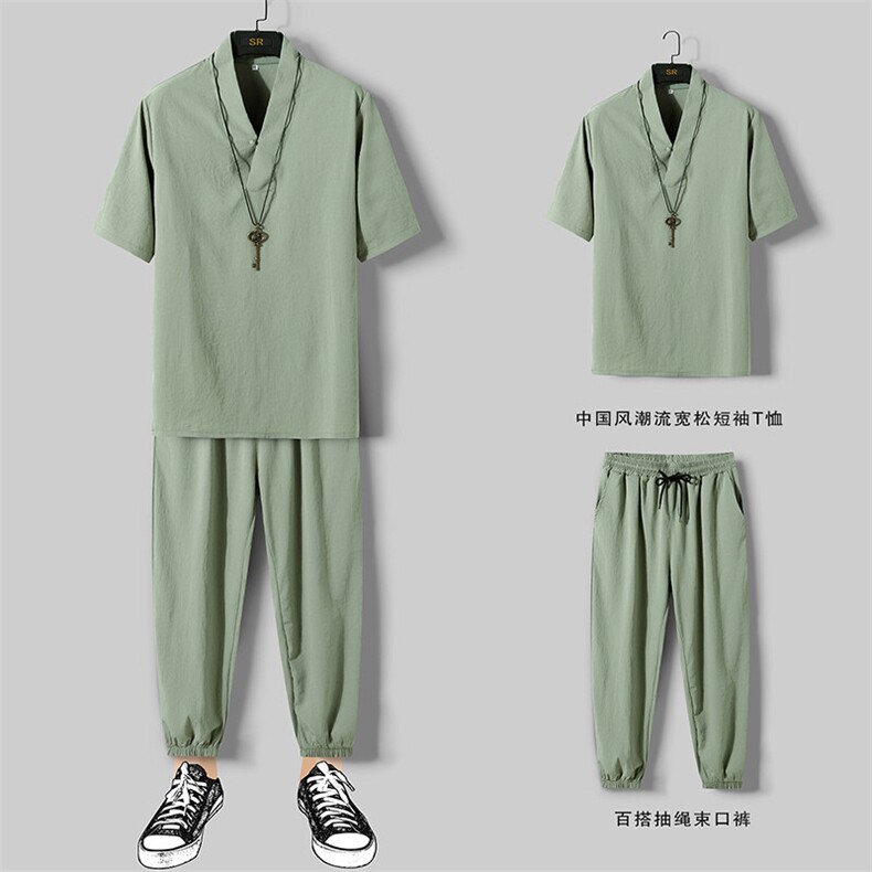 2025夏装盘扣短袖t恤九分裤冰丝套装男大码休闲套装TZ19P65,男装T恤,电商C323