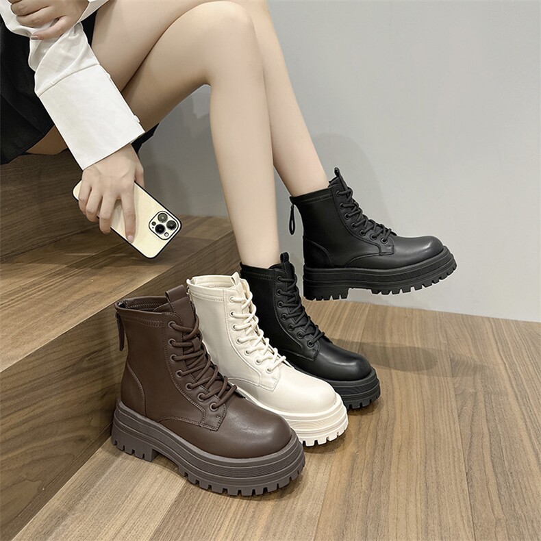 欧洲站厚底系带后拉链马丁靴女2023年秋季新款瘦瘦靴时尚休闲短靴，女鞋马丁靴，电商A223