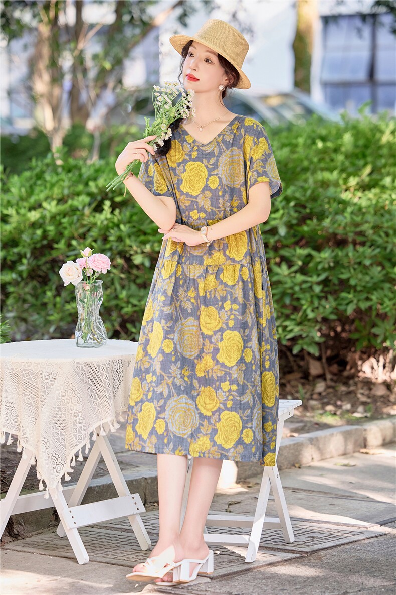 文艺气质黄玫瑰印花棉麻连衣裙女2026夏季新款大码宽松休闲A字裙,女装连衣裙,倪叶myz