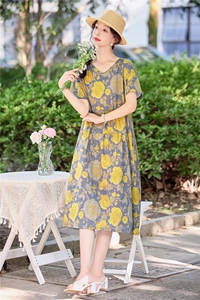 文艺气质黄玫瑰印花棉麻连衣裙女2026夏季新款大码宽松休闲A字裙图片