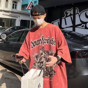 复古水洗做旧 美式创意印花半袖高街重磅短袖T恤XZ514-2-1305-P38图片