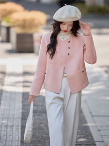 粉色小香风温柔气质双面呢短外套女2025秋冬装减龄牛角扣毛呢大衣图片