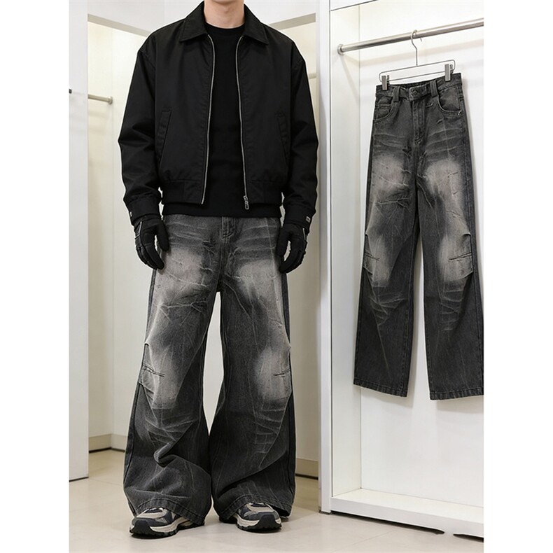 黑灰色裂纹牛仔裤宽松牛仔长裤A157-P60，男装牛仔裤，电商D312