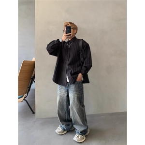 春夏款韩版时尚男士宽松纯色条纹网纱透视衬衫气质青年中性防晒衣图片