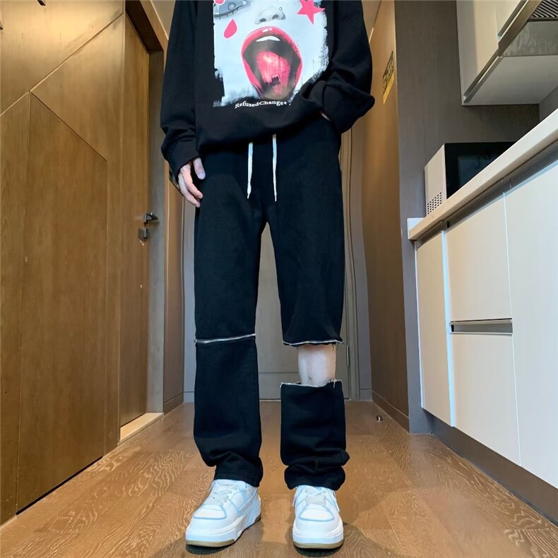网红同款膝盖拉链破洞牛仔裤水洗高街男休闲裤百搭K8181-P50,男装牛仔裤,星座1109-3