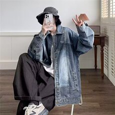 春秋新款日系复古撞色拼接牛仔外套男潮牌宽松翻领水洗休闲夹克潮，男装工装外套，星座715-4