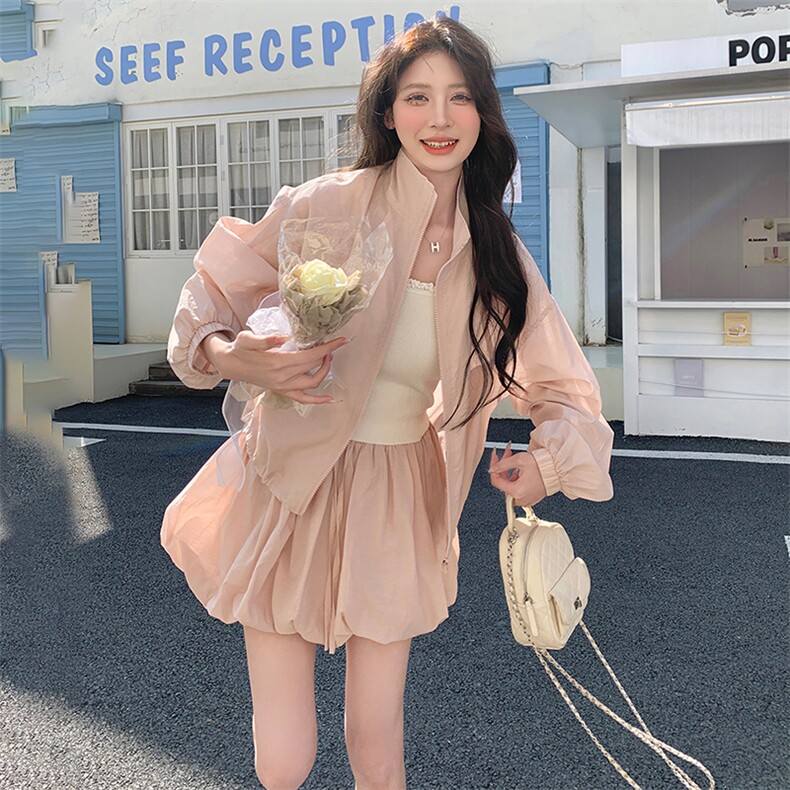 粉色短款上衣花苞裙套装女夏季甜美穿搭一整套防晒衣半身裙两件套图片