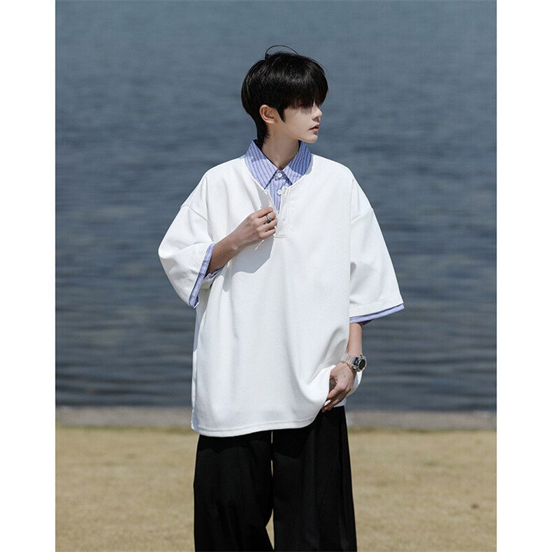 8XL-M假两件衬衫领短袖T恤大码夏季条纹拼接polo衫半袖DX1211/P45图片