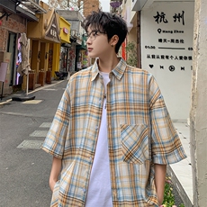 短袖衬衫男夏季新款磨毛格子衬衣DX002-特批26无差价，男装衬衫，星座214-3