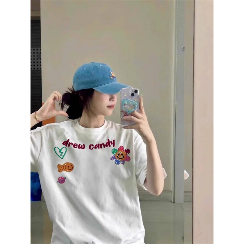H0563-P35韩版休闲字母花朵印花短袖t恤女高级感小众上衣夏,女装T恤,星座617A-2