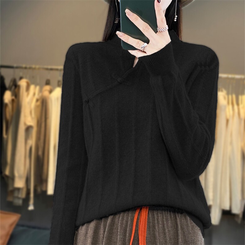 镂空立领盘扣长袖纯色2024年秋季简约羊毛衫，女装羊毛衫，羿纯羊绒
