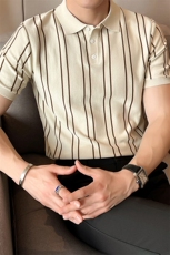 竖条纹翻领短袖Polo衫冰丝薄款高级感T恤衫PL79/P55控75，男装T恤，电商A243