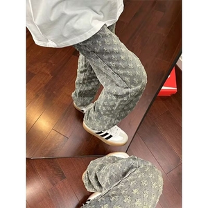 欧美高街hiphop高端男士牛仔裤满印提花潮牌宽松直筒美式微喇裤子图片
