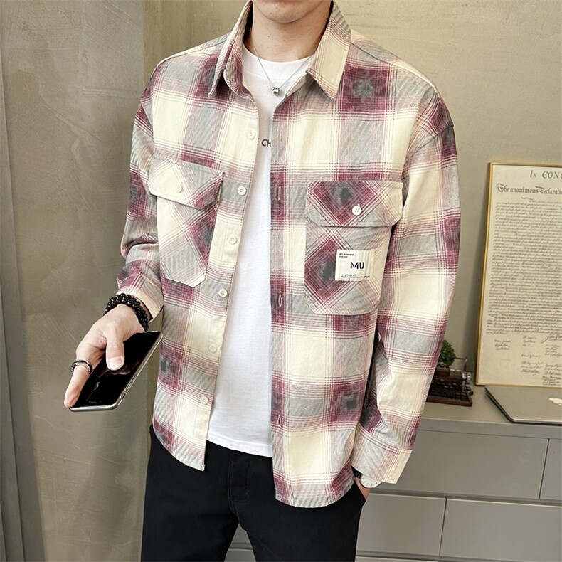 春季新款复古格子衬衫男长袖宽松休闲衬衣外套潮C3366-P88,男装衬衫,电商A237