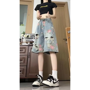 破洞牛仔短裤女2025新款夏季外穿中裤子宽松休闲五六分裤 N837图片