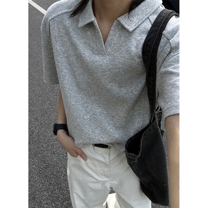 v领短袖polo衫男夏季重磅美式显肩宽廓形t恤boxy正肩半截袖 TZ107图片