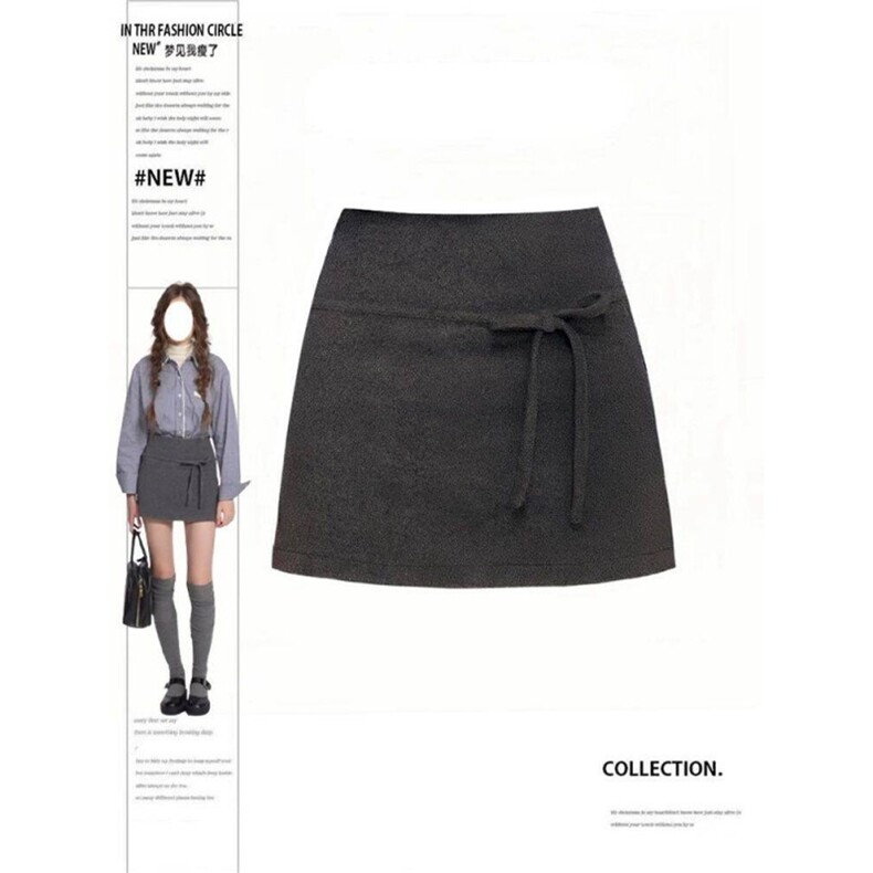 JK2503-p50灰色毛呢a字短裙半身裙款蝴蝶结设计感包臀裙现货，女装半身裙，星座617A-2