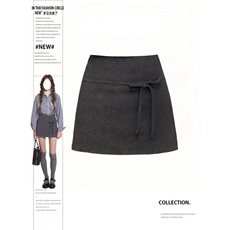 JK2503-p50灰色毛呢a字短裙半身裙款蝴蝶结设计感包臀裙现货，女装半身裙，星座617A-2