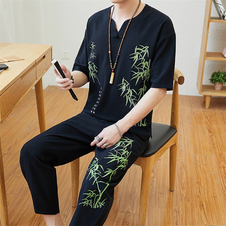 风男士短袖民族风禅修居士服中式绣花汉服唐装两件套TZ96,男装T恤,星座509