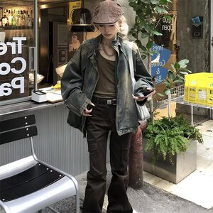 现货水洗解构垫肩牛仔外套男女款黄泥复古重磅夹克网图JK2293-P80图片