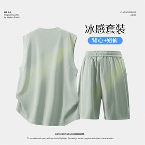夏季套装男宽松休闲运动冰丝背心圆领T恤短裤运动套装JZ3263-P53图片