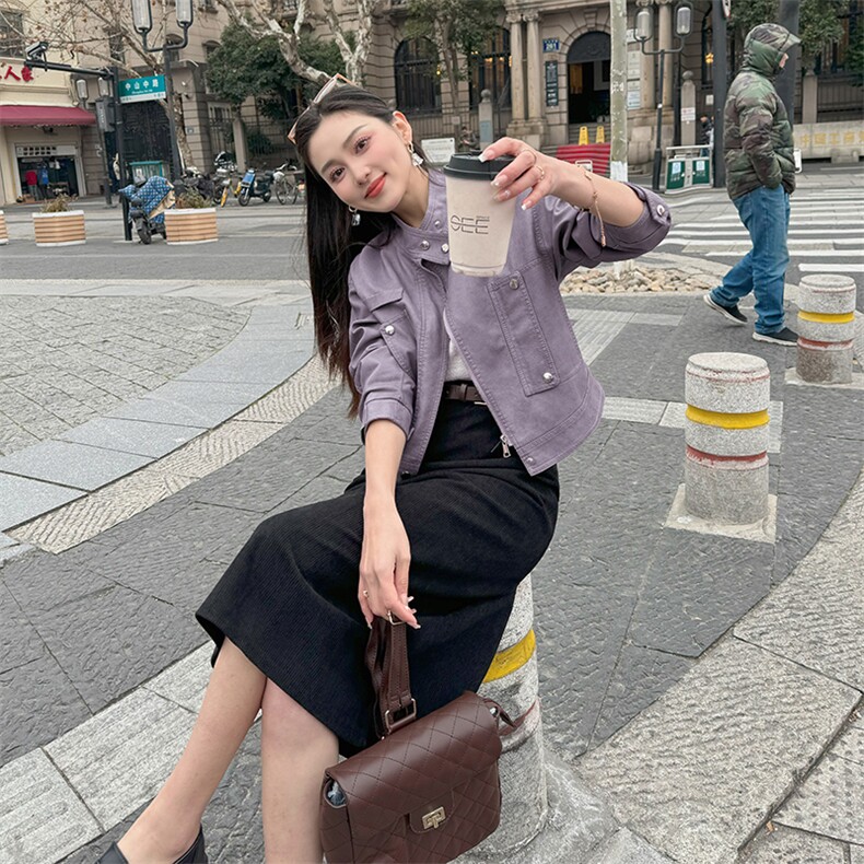 短款机车pu皮外套女2024秋季新款欧美时尚拉链口袋显瘦皮夹克女潮,女装皮衣,江南女神