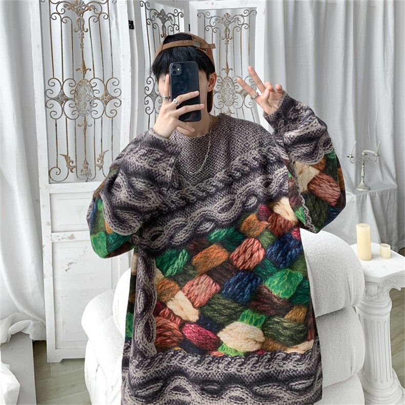 M6130/P75秋冬新款工艺立体印花针织衫外套毛衣男大码宽松线衣男,男装针织衫/毛衣,电商A141