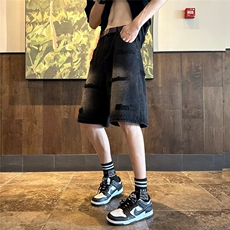 刺绣牛仔短裤男款夏季美式高街水洗五分裤潮牌欧美设计感小众裤子，男装牛仔裤，星座1013