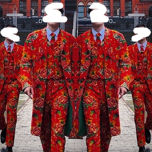 Y001长款男装东北大花风衣外套大码男女表演出团队服新中式喜庆潮图片