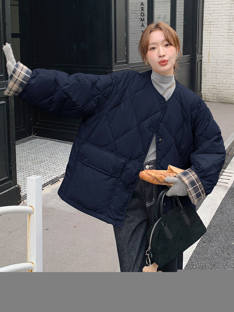 韩版时尚拼格纹轻薄款羽绒服女2025年冬季新款显瘦加厚白鸭绒外套,女装羽绒服,浙宝305