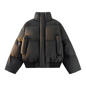 现货5W件冬季三防重磅硬挺boxy短款羽绒立领PU皮棉衣外套加厚棉服图片