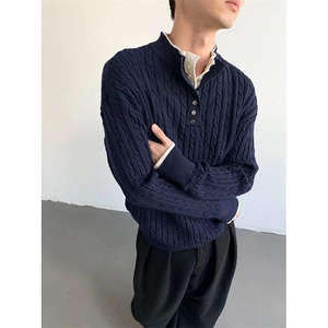 宽松型冬季中性麻花针织假两件羊毛毛衣休闲V领长袖套头 M389图片