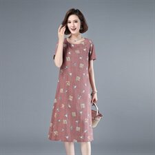 2021年夏季通勤韩版短袖套头A字裙40-49周岁圆领印花裙子，女装连衣裙，伊满意