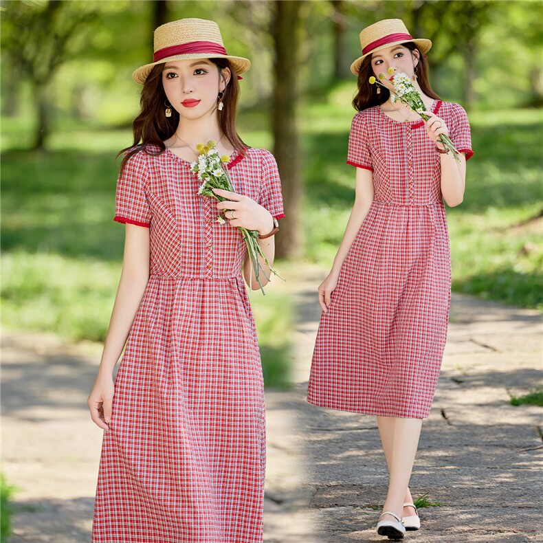 淑女风格纹连衣裙女春夏收腰显瘦中长裙格子裙子，女装连衣裙，水衣源
